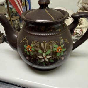 Vintage Brown Floral Teapot | Hand-Painted | Decorative Collectible